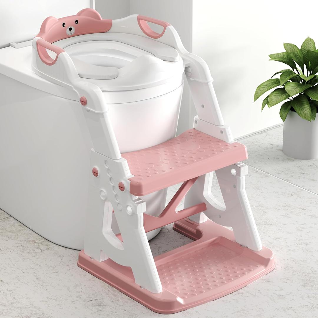Potty Training Seat, 2 in 1 Potty Training Toilet with Step Stool for Boys Girls, Toddler Toilet Seat with Stabilizer Crossbar, Anti-Slip Pads and Splash Guard, Pink