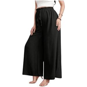 BEAUDRM Women's Maternity Elastic High Waist Pants Knot Front Wide Leg Pregnancy Pants M