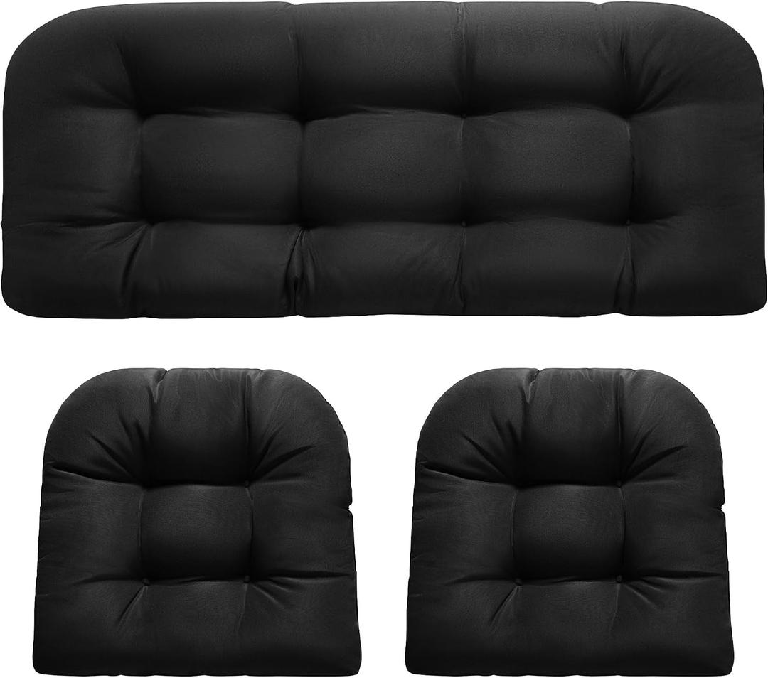 DANGHOOGY Wicker Chair Cushions, Waterproof Outdoor Loveseat Cushions for Patio Furniture, 3 Pieces Wicker Furniture Cushions, 1 Loveseat and 2 U-Shaped Cushions, Black