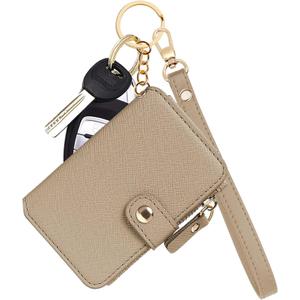 M-Plateau Wallet, Womens card Holder Leather Keychain Wallet With Zipper Coin Pocket ID Window Wrist Strap Gift Box (Khaki)