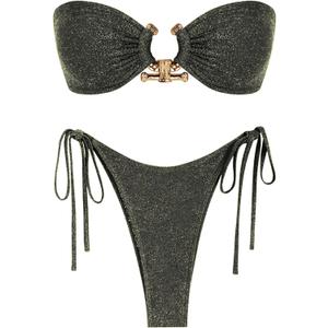 ZAFUL Metal Ring Bandeau Bikini Set Tie Side Bathing Suit High Cut 2 Piece Swimsuit Cutout Swimwear M