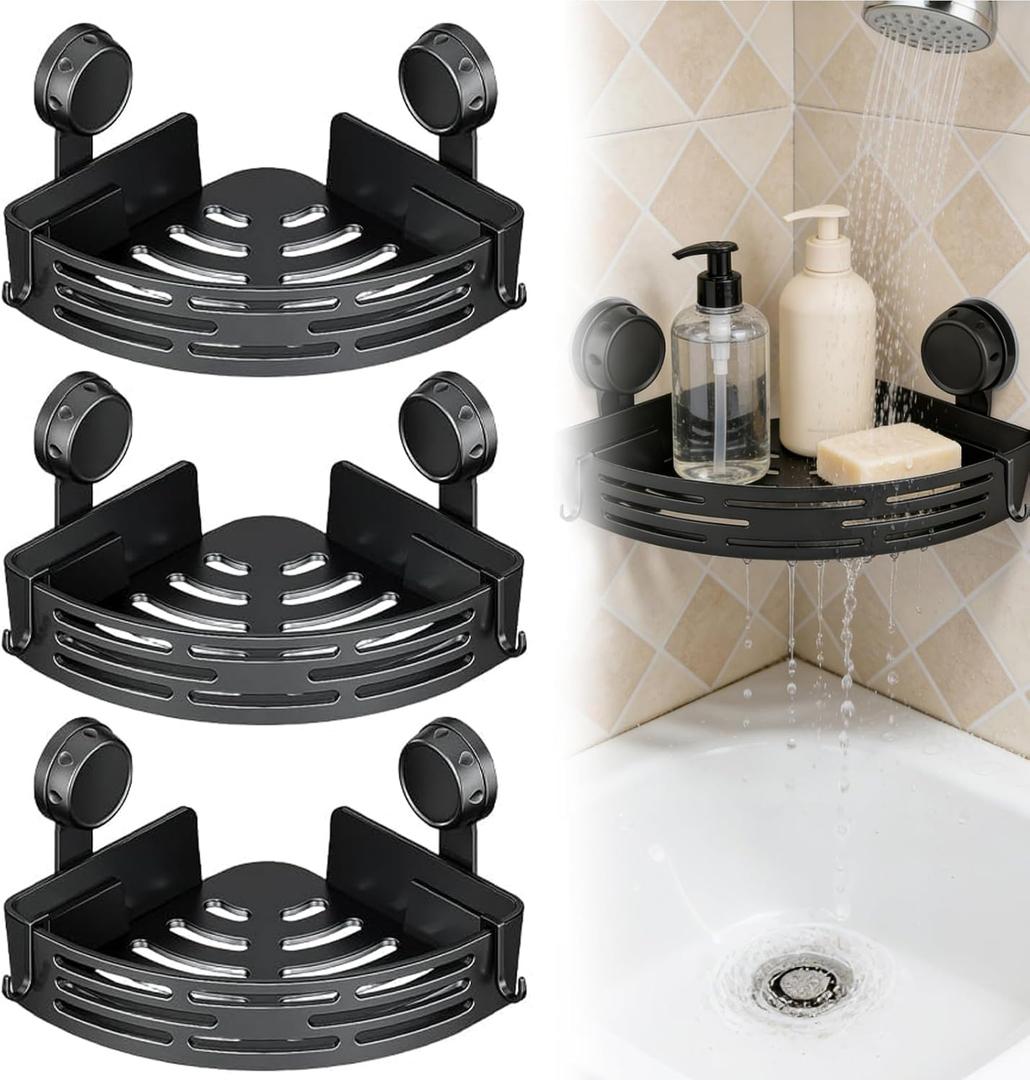 2026 New Triangle Suction Cup Corner Shower Shelf - No Drilling Bathroom Storage Rack with Towel Bar, Adhesive Organizer for Corners, Black, 3-Layer Design