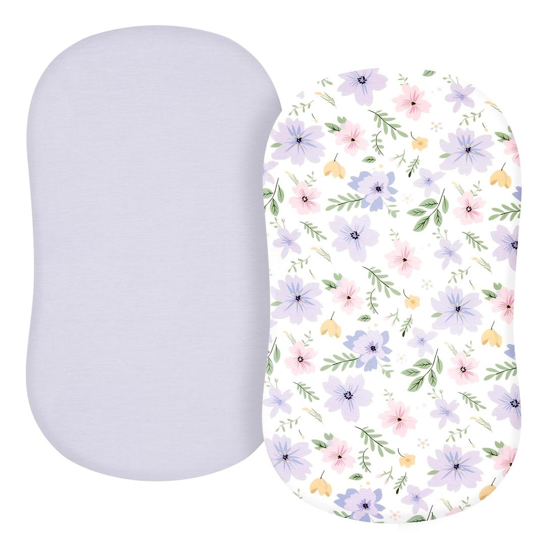 TILLYOU Baby Bassinet Sheets for Girls Boys 2 Pack Baby Sheets for Square Rectangle Oval Bassinet Mattress 33X16 Inch, Brilliant Little Flowers and Purple