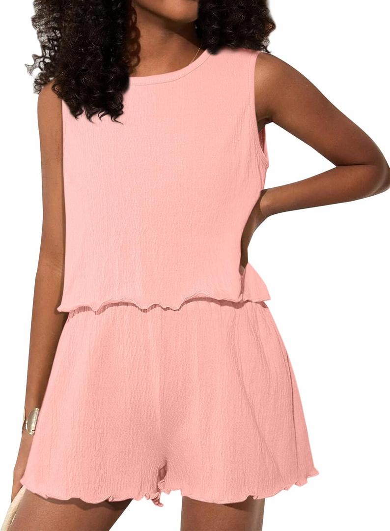 Girls Summer Outfits 2 Piece Sleeveless Crop Tank Top and Short Sets Vacation Beach Peach Pink 7-8 Years