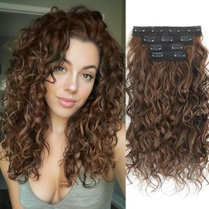 Clip in Hair Extensions,LEOSA 4PCS 16 inch Curly Hair Extensions Short Soft Natural Hairpiece Lace Weft Curly Wave Clip Ins Extensions Invisible for Women, Dark Almond Brown
