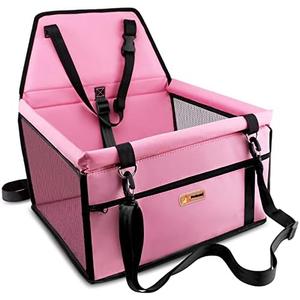 Petbobi Pet Reinforce Car Booster Seat for Dog Cat Portable and Breathable Bag with Seat Belt Dog Carrier Safety Stable for Travel Look Out,with Clip on Leash with PVC Tube, Pink