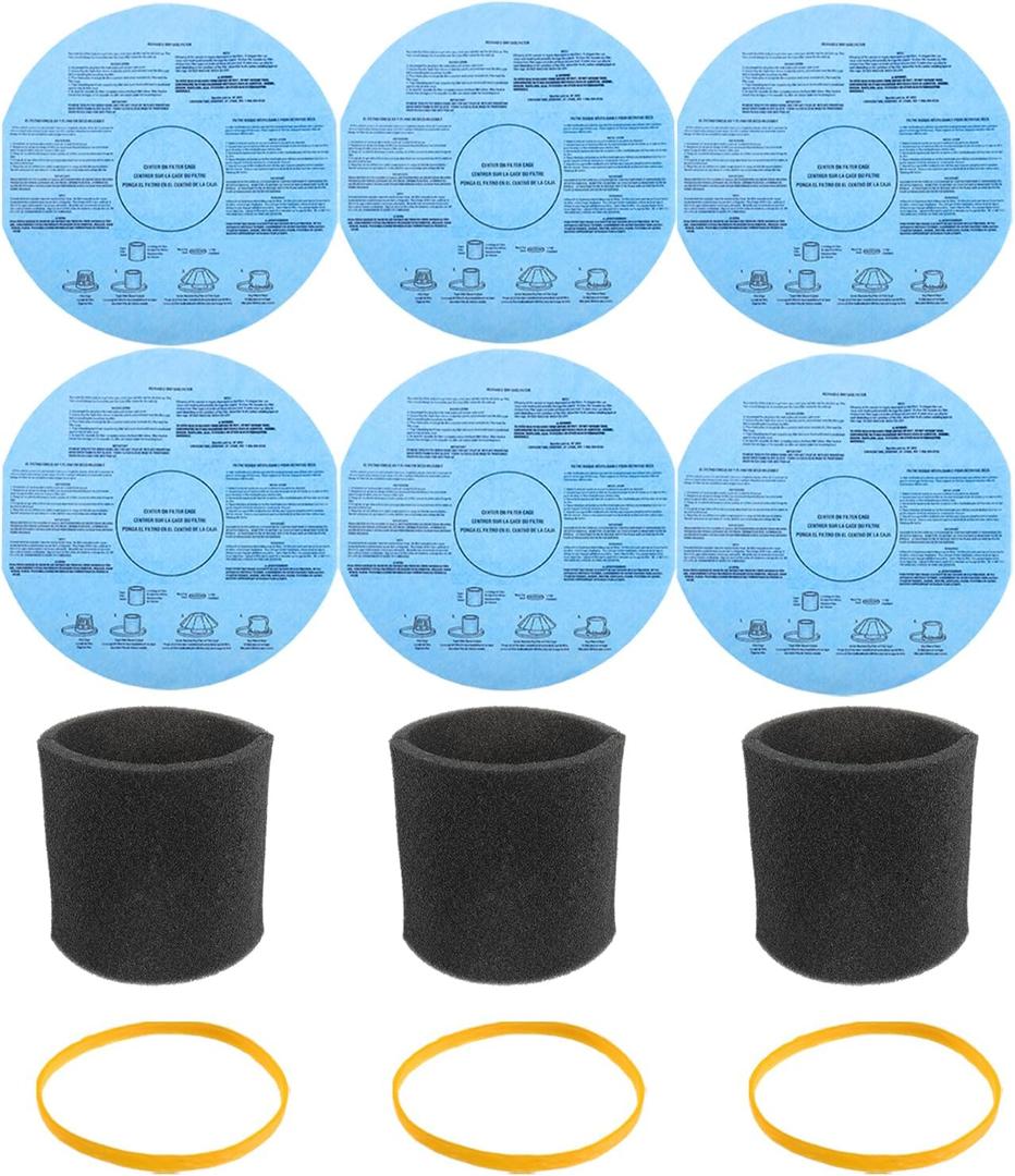 6 pack 90107 Dry Paper Disc Filters 3 Pack Retaining Bands 3Pack 90585 Shop Vac Foam Sleeve Filter Replacements for Most Shop Vac Wet Dry Vacuum Cleaners 5 Gallon and Above