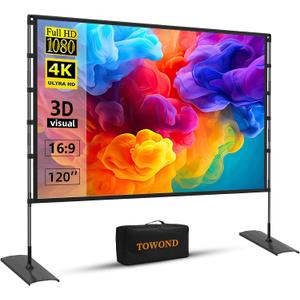 TOWOND Projector Screen and Stand, 120 inch Outdoor Projector Screen Indoor, Portable Movie Screen 16:9 4K Front Rear Projection Screen with Carry Bag Wrinkle-Free Design for Home Backyard Theater