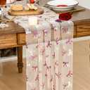 Artoid Mode Pink Bow Beige Gauze Table Runner 120 Inch 10FT,Glitter Metallic Foil Valentines Day Sheer Dining Anniversary Wedding Table Decor for Home Party (28" x 120")