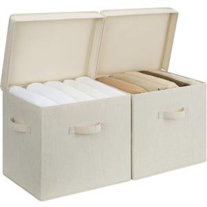 StorageWorks Fabric Storage Bins with Lids, Stackable Closet Storage Boxes With Handles, Decorative Storage Organizers, 15" x11x12, Beige, 2-Pack