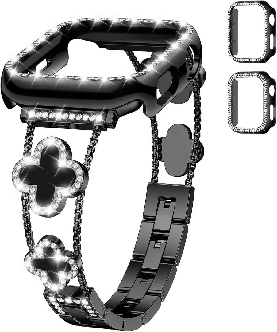 Bling Metal Band and Case for Apple Watch Bands for Women,Clover Diamond Sparkle Bracelet Dressy Strap with Cover for iWatch, Size: 42mm-Series 11 10