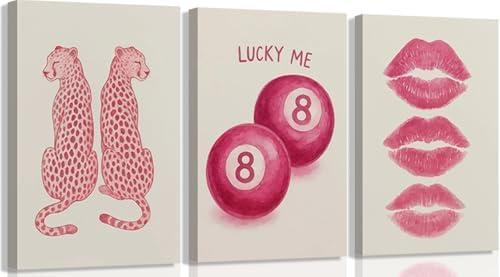 3Pcs Pink Leopard Canvas Wall Art Trend Cheetah Wall Decor Painting Pink Coquettish Cherry Lips Prints Lucky 8 Ball Y2k Aesthetic Picture for Girls Bedroom Dorm Room Decoration 16x24in Framed
