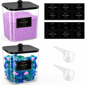 COAZEX 2 Pack Clear Laundry Pods Container, Plastic Square Laundry Room Organization and Storage Jars with Black Lids, Scoops & Labels for Detergent, Powder, Dryer Balls