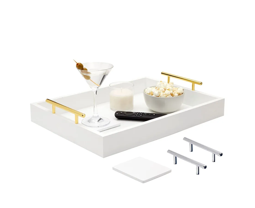 White Serving Tray with Handles and Coasters - Decorative Coffee Table Tray with Interchangeable Gold and Silver Handles, 16.57 x 12.2 x 3.1 inches