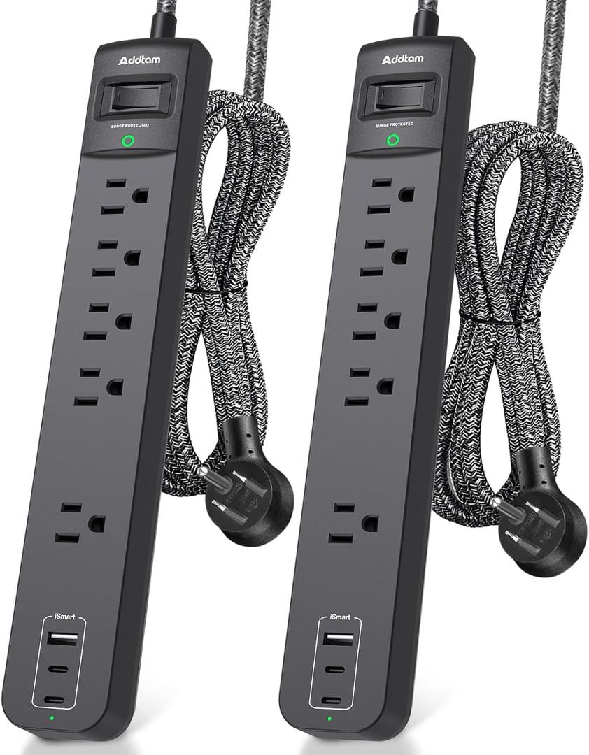 2 Pack Power Strip Surge Protector - 5 Widely Spaced Outlets 3 USB Charging Ports, 1875W/15A 6Ft Braided Extension Cord, Flat Plug Overload Protection, Wall Mount for Home Office Dorm Room Essentials