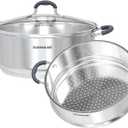 SUNHOUSE - 5.5 Quarts Steamer Pots With Lid 2-Tier Multipurpose Stainless Steel Steaming Pot Cookware For Vegetable, Dumpling, Sauce, Food - Triple Bottom, Measurement Line