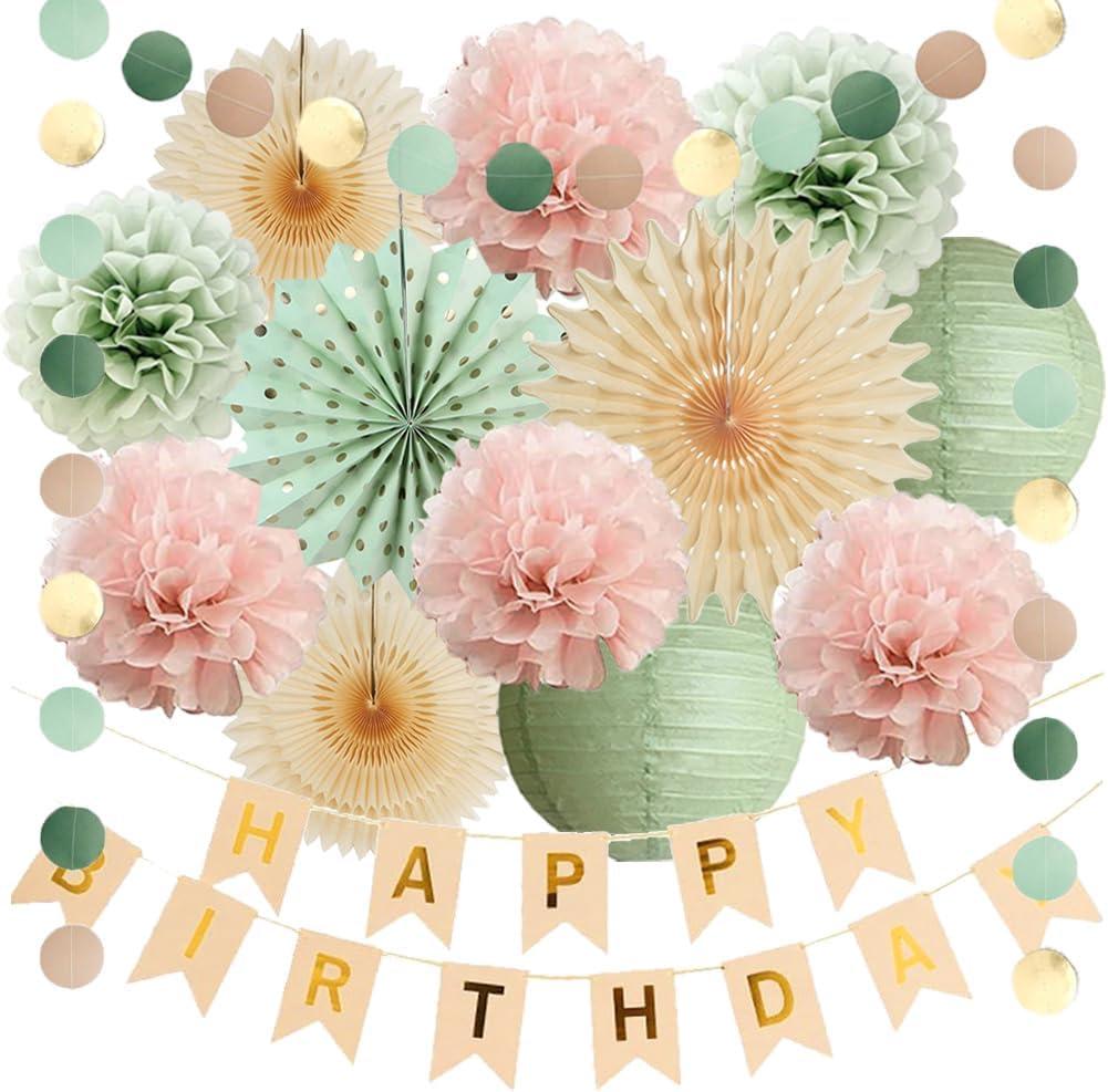 Sage Green and Light Pink Birthday Decorations Pastel Pink and Green Birthday Decorations Boho Dusty Rose Blush Pom Poms Beige Fans with Happy Birthday Banner Beige and Gold for Women Girls