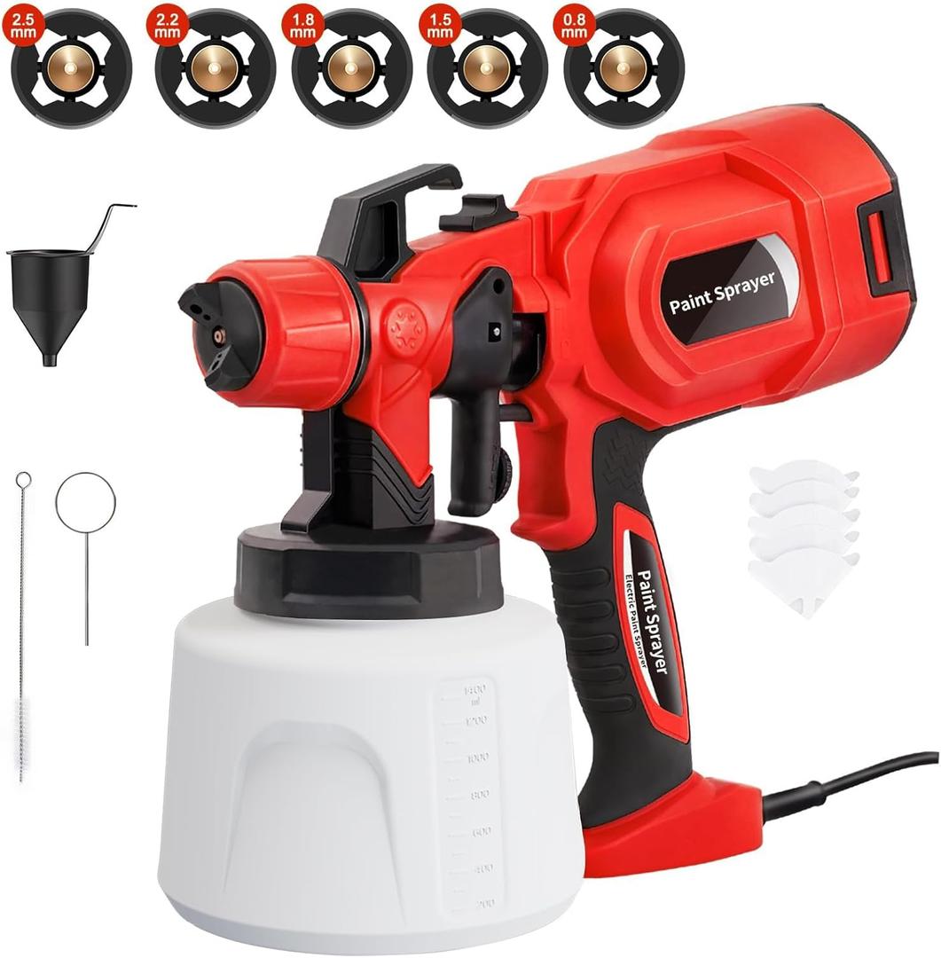 Paint Sprayer, 1400ML HVLP Electric Spray Paint Gun with 5 Copper Nozzles & 3 Spray Patterns,for Home Interior and Exterior, Furniture, Cabinets, Fence