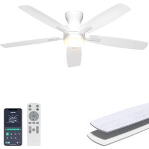 Ohniyou 52 Flush Mount Ceiling Fan with Lights, Remote & APP Control Low Profile Indoor Outdoor Ceiling Fans, Dimmable, Quiet DC Motor, Reversible, White