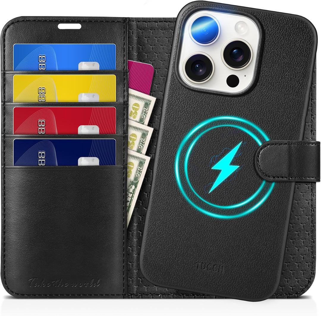 TUCCH Case Wallet for iPhone 16 Pro, [Detachable] Kickstand RFID Blocking 4 Card Slot Shockproof Wireless Charging Case, PU Leather Magnetic Removable Cover Compatible with iPhone 16 Pro, Full Black