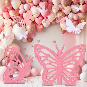 Yousoontic 2 Pcs Large Wooden Butterfly Props - 20" and 17.5" Standing Wings Cutout Backdrop Decoration for Birthday, Baby Shower, Wedding Party(Pink)