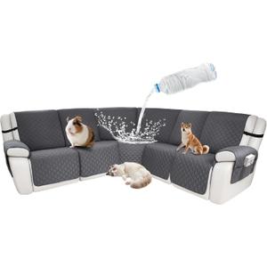 Waterproof Sectional Reclining Couch Covers L Shaped Recliner Sectional Sofa Cover 7 Piece Non Slip Washable Corner Recliner Slipcover Set for Pet Dog (5 Seater Cover, Deep Grey)