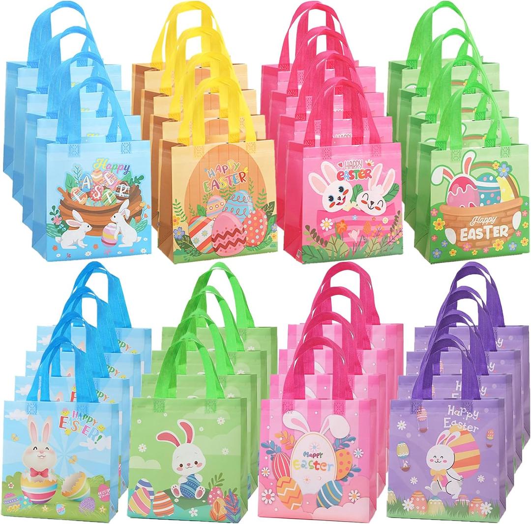 Falinpitos 32Pcs Easter Gift Bags For Goodies, Easter Treat Bags, Easter Bags with Handles, Easter Egg Hunt Bags, Large Mini Easter Baskets Bulk for Kids Teenagers, Easter Party Tote Bags Medium Size