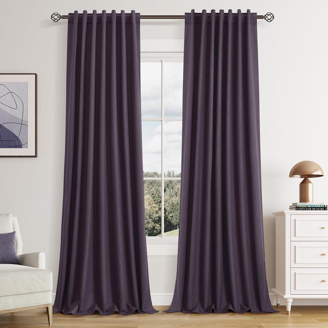 Guken Blackout Curtains 90 Inch Length 2 Panels Set for Living Room Bedroom Back Tab Thermal Insulated 100% Black Out Linen Drapes Room Darkening Window Curtains 90 Inches Long,Plum