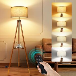 OUTON Wood Tripod Floor Lamp with Shelves, Mid Century Floor Lamp with Remote Control, 4 Color Temperature, LED Modern Dimmable Standing Lamp for Living Room, Bedroom, Office, Walnut & Gold