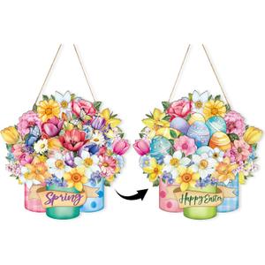 Easter Decoration Wood Spring Decoration Door Wall Signs Double-sided Printing, Mason Jar Wooden Wreaths Front Door Sign Egg Flower Ornaments Hanging Crafts for Spring Home Farmhouse Party Porch Wall Decor (Large)