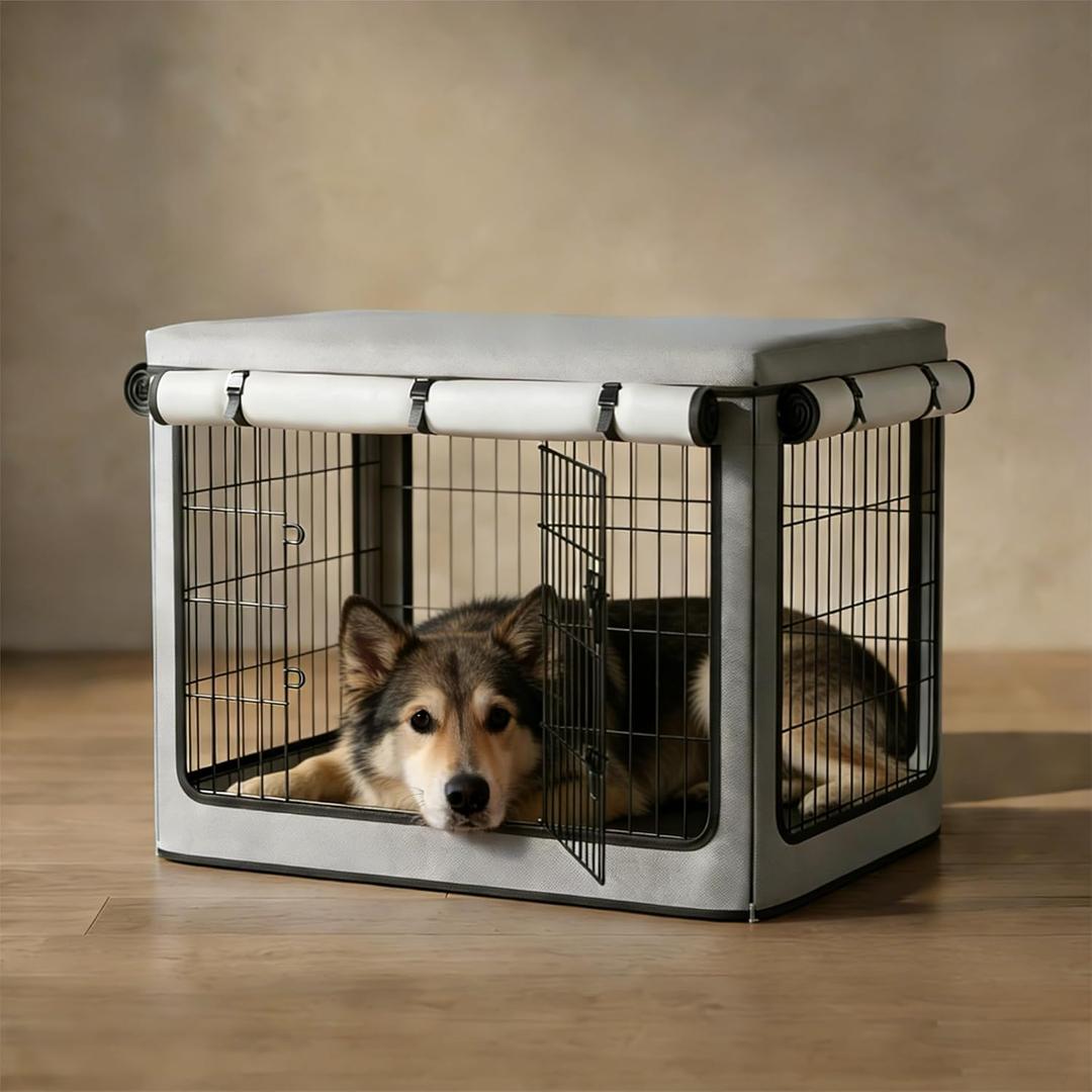 Dog Crate Cover, Heavy Duty 1680D Waterproof Oxford Cloth with Breathable Mesh & Detachable Sunshade, Universal Fit for Wire Crates, All-Weather Indoor Outdoor Use (48-Inch)