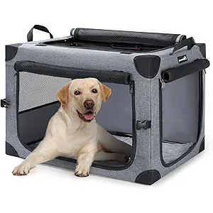Pecute Collapsible Dog Crate, Folding Soft Crate for Dog, Large Dog Portable Kennel, 34.6 Inch Travel Dog Crate, Breathable Mesh Windows Dog Cage for Indoor Outdoor, Car, Camping, Grey