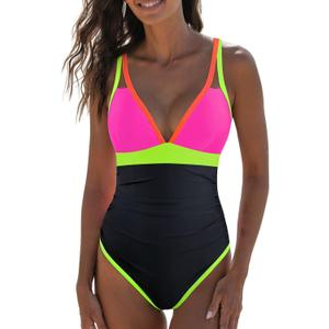 popvil Women's One Piece 2025 Tummy Control Swimsuits Neon Color Block Swimwear Deep V Neck Slimming Bathing Suit (Large, Black&pink)