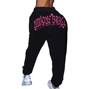 WDIRARA Women's Letter Print Jogger Pants Drawstring Waist Athletic Sweatpants with Pockets (X-Large, Black)