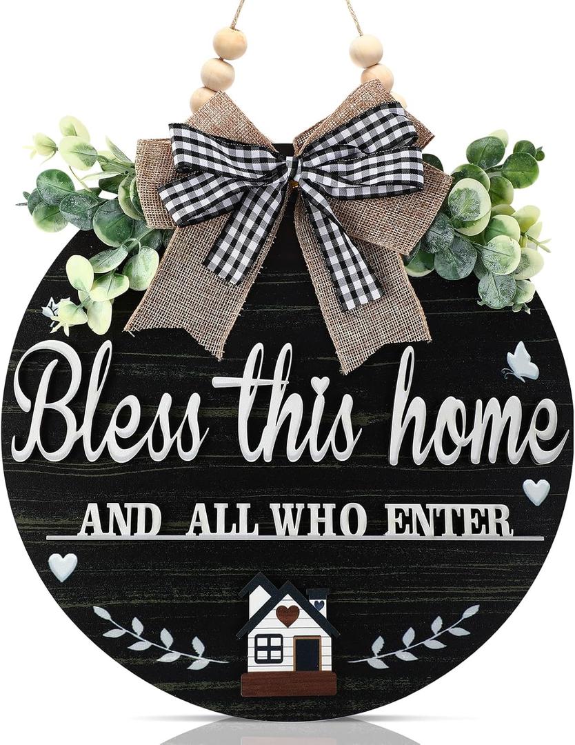 3D Bless This Home and All Who Enter Wooden Front Door Signs，Door Decorations Hanging,Christian Jesus Home Porch Wall Decor，Spring Wreaths，Door Wreaths for Front Door Outside All Season(Black)