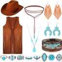 Western Cowgirl Outfit Tassels Fringe Vest Bohemian Turquoise Jewelry Kit Cowboy Hat Bandana for Women Cosplay XL