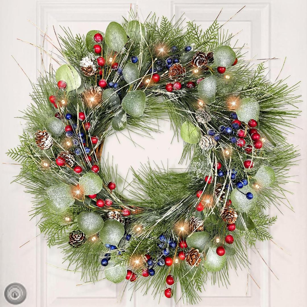 Timer - 20 Inch Lighted Christmas Wreaths for Front Door, Winter Wreath with 30 LED Lights Snowy Pine Needles Eucalyptus Cypress Leaves Pinecones Red Blue Berries Xmas Wreath for Window Wall Mantle (Green)