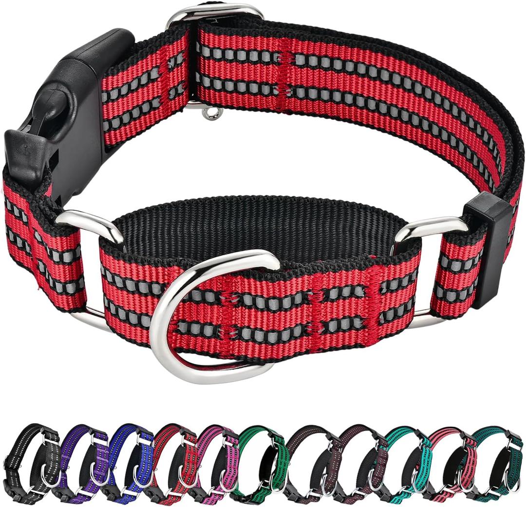 Hikiko Martingale Dog Collars Reflective Nylon Dog Collar with Quick Release Buckle Adjustable Training No Slip Dog Collar (Large, Red)