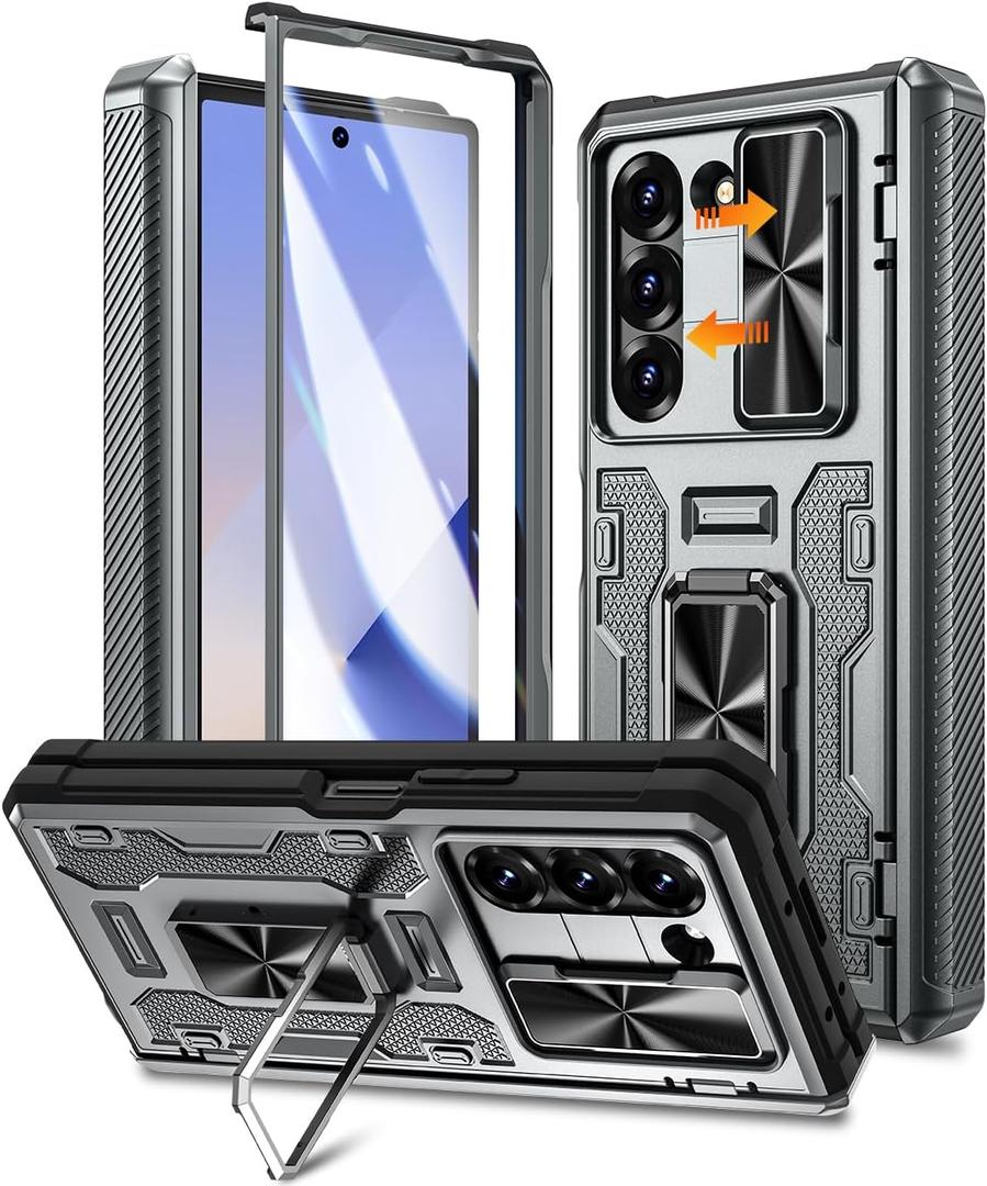 Caka Case for Galaxy Z Fold 6 - Full Body PC & TPU Dual Layer Shockproof Case with Ring Stand, Screen Protector, Hinge Protection & Slide Camera Cover, Silver