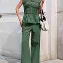 Tankaneo Womens 2 Piece Sets Summer Linen Babydoll Peplum Pleated Tank Top Pants Set Cotton Travel Vacation Outfits (Green)