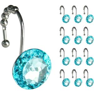 Sunlit Luxury Design Round Teal Blue Diamond Crystal Gem Bling with Glide Balls Shower Curtain Hooks for Mermaid Shower Curtains, Rust Proof Metal Rhinestones Glam Shower Curtain Rings-12 Pack