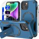 iPhone 13 case/iPhone 14 case[Compatible with MagSafe][with 2*9H Tempered Glass Screen Protector], Built in Invisible Stand, Not fadingShockproof Protective Phone Cover 6.1-inch(Blue)
