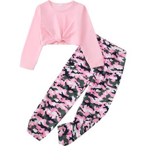 Girls 2 Piece Outfits Long Sleeve Twist Front Shirts and Camo Pants Sets for Fall Winter Sweatsuits Size 5-14Y (Pink)