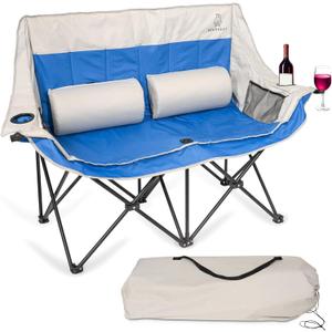 Double Camping Chair  Foldable Chair with Lumbar Support Cushions and Carry Bag  Padded Portable Heavy-Duty Loveseat with 4 Mesh Pockets, 2 Cup Holders, Wine Glass Holder