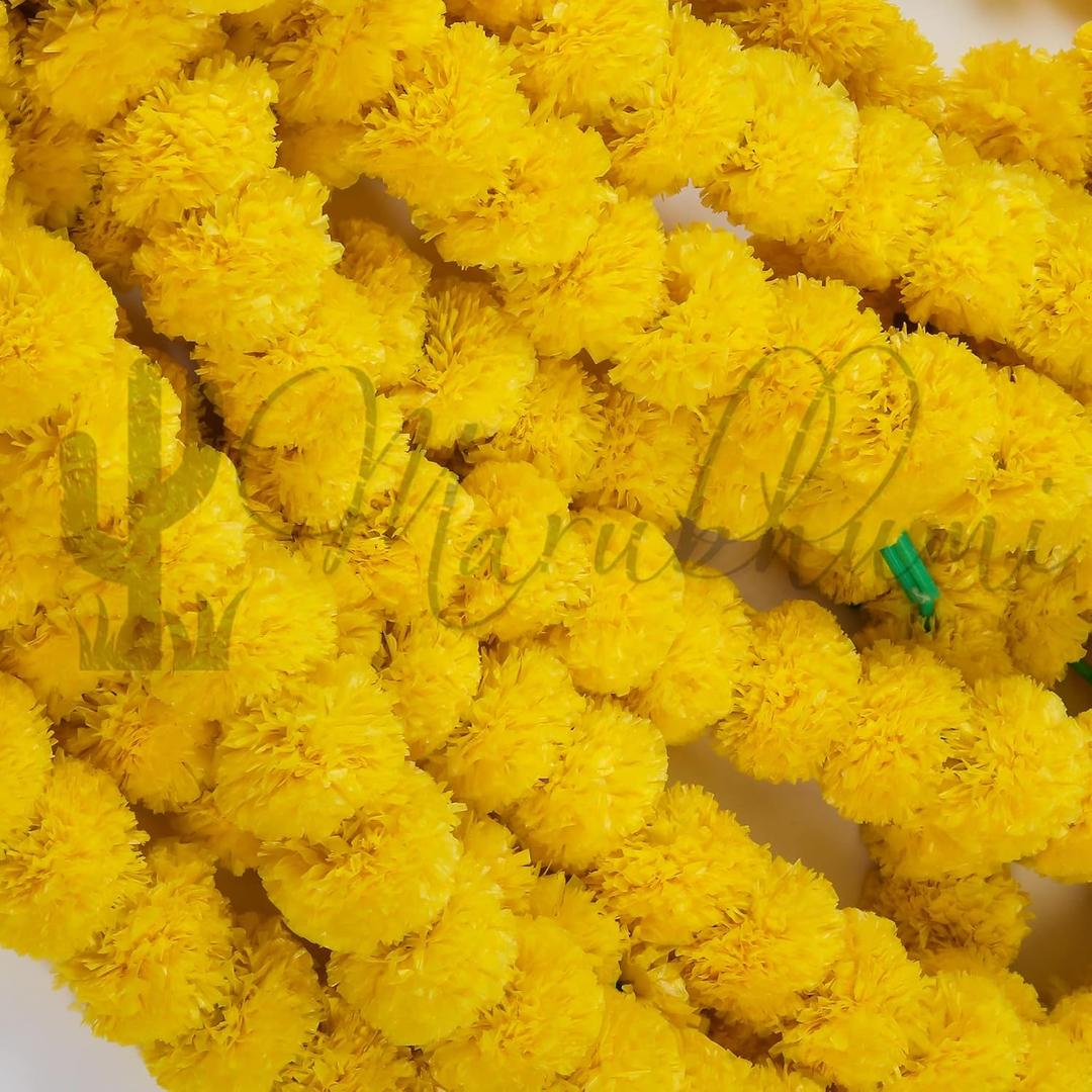 Marubhumi 5 PC - 5 feet Artificial Marigold Flower Garland  Long Strands for Diwali, Wedding & Festive Decoration  Traditional Indian Home Decor (Yellow)