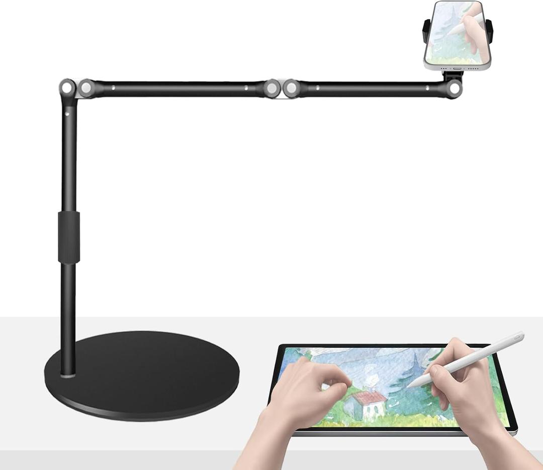 Overhead Phone Mount for Desk, 17" Long Arm Adjustable iPhone Holder, Heavy Duty Rotatable Stand for Video Recording, Live Streaming, Crafting, Cooking
