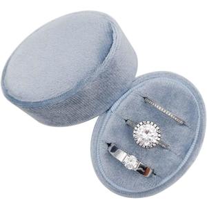 Velvet Oval Ring Box 3 Slots - Premium Wedding Three Rings Box Vintage Handmade Storage Jewelry Organizer for Proposal, Engagement, Wedding Ceremony, Christmas (Blue)