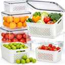 HOMETALL 4 Pack Fruit Storage Containers for Fridge Set, Produce Containers for Fridge with Strainer, Plastic Reusable Fridge Organizers and Storage for Berry Salad Lettuce, Size 3.4, 1.8, 0.9, 0.4QT