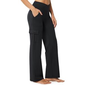 Casei Women's Wide Leg Yoga Pants with 6 Pockets Stretchy Cargo Work Dress Pants High Waisted Travel Scrub Trousers,32" Inseam Black(M)