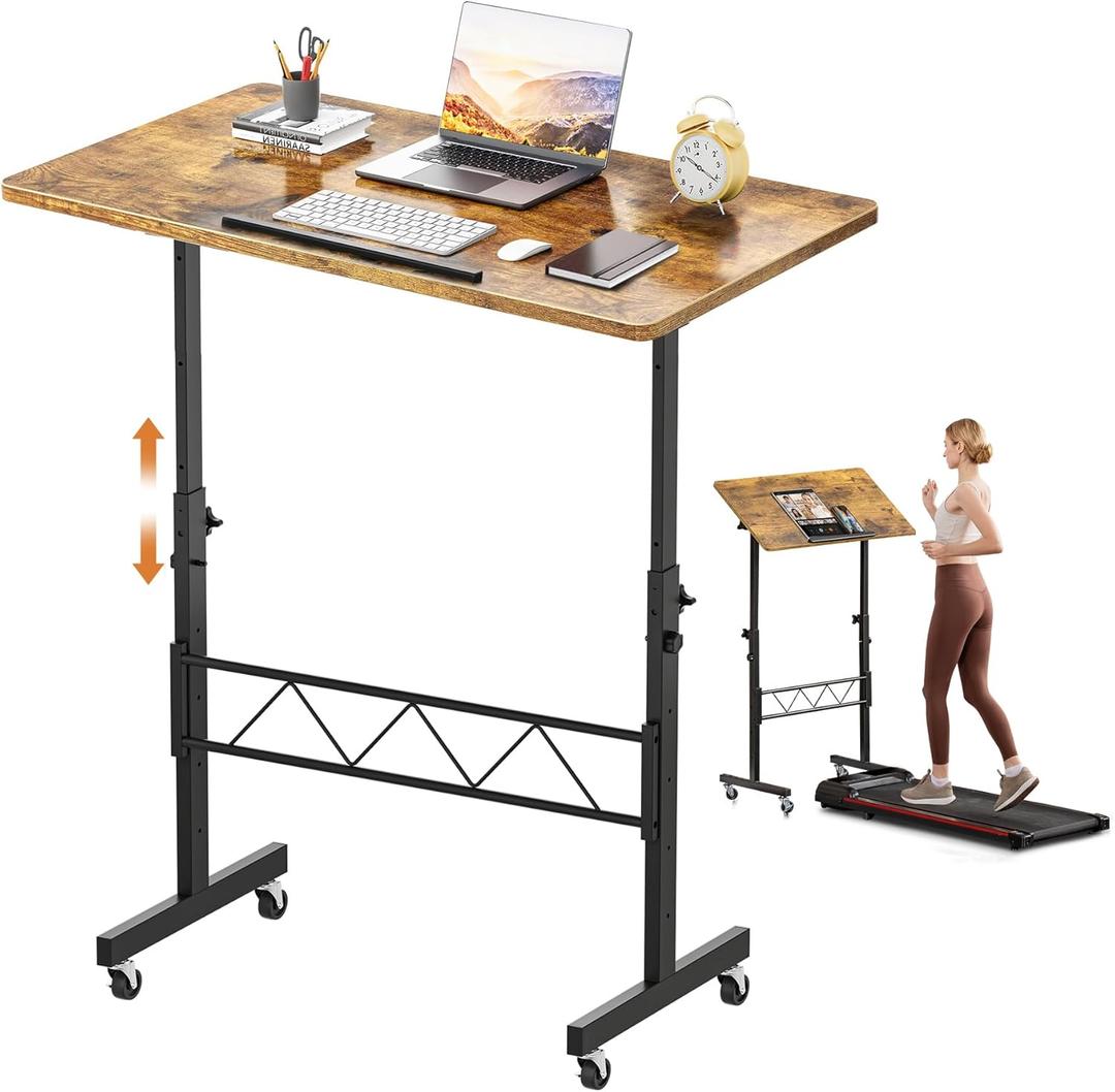 COMHOMA Small Standing Desk Adjustable Height & Tiltable Tabletop, Mobile Stand Up Desk for Laptop, Portable Computer Table for Home Office Work and Walking Pad Treadmill, Height 30.7"-46.4", Brown (Rustic)